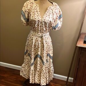 Ulla Johnson Elegant Cream and Blue Patterned Dress